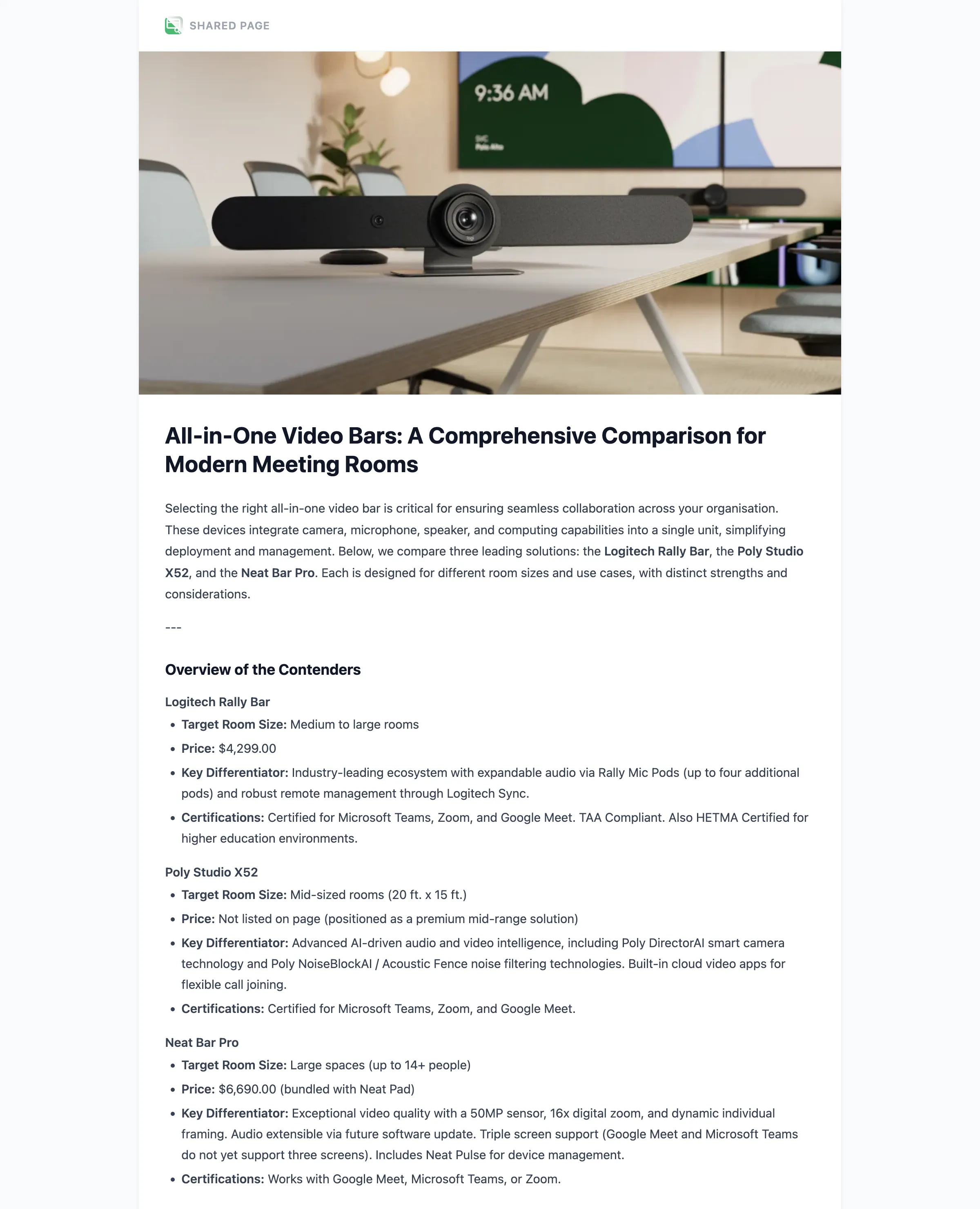 A Treck-generated comparison page titled 'All-in-One Video Bars' comparing the Logitech Rally Bar, Poly Studio X52 and Neat Bar Pro — with a hero photo, an overview of each contender and a detailed specification table.